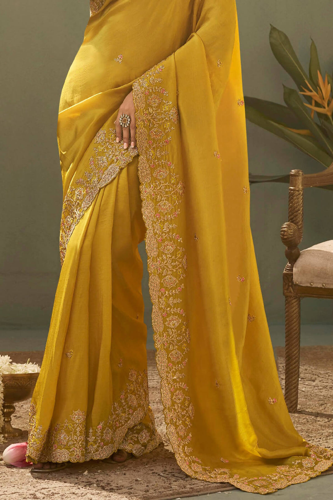 Turmeric Yellow Embroidery saree with Designer Embroidery Blouse