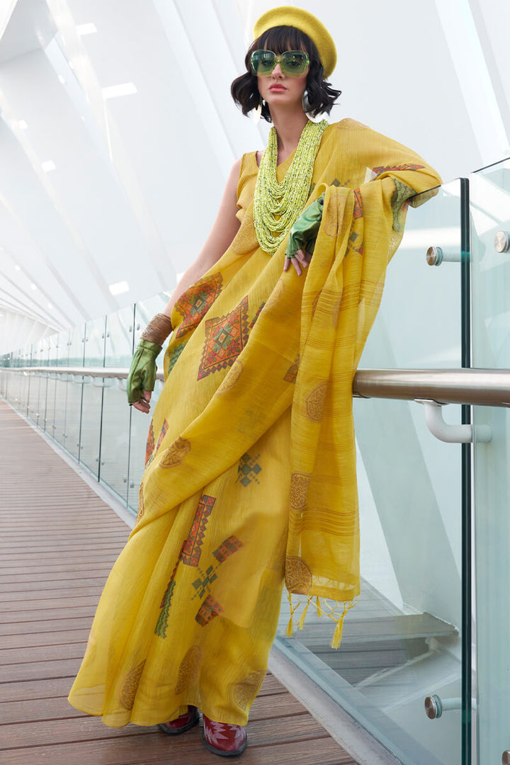 Turmeric Yellow Zari Woven Printed Tissue Silk Saree