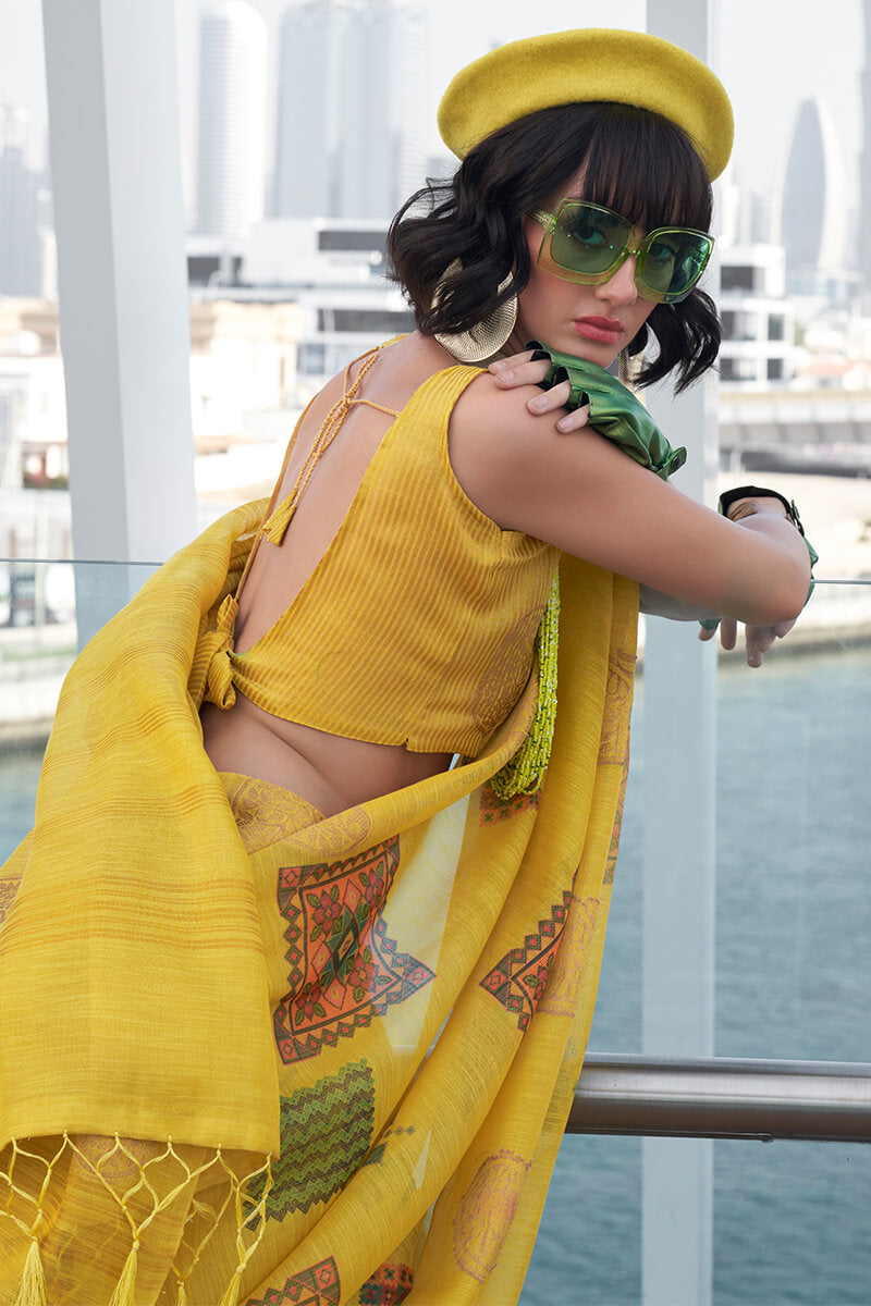 Turmeric Yellow Zari Woven Printed Tissue Silk Saree