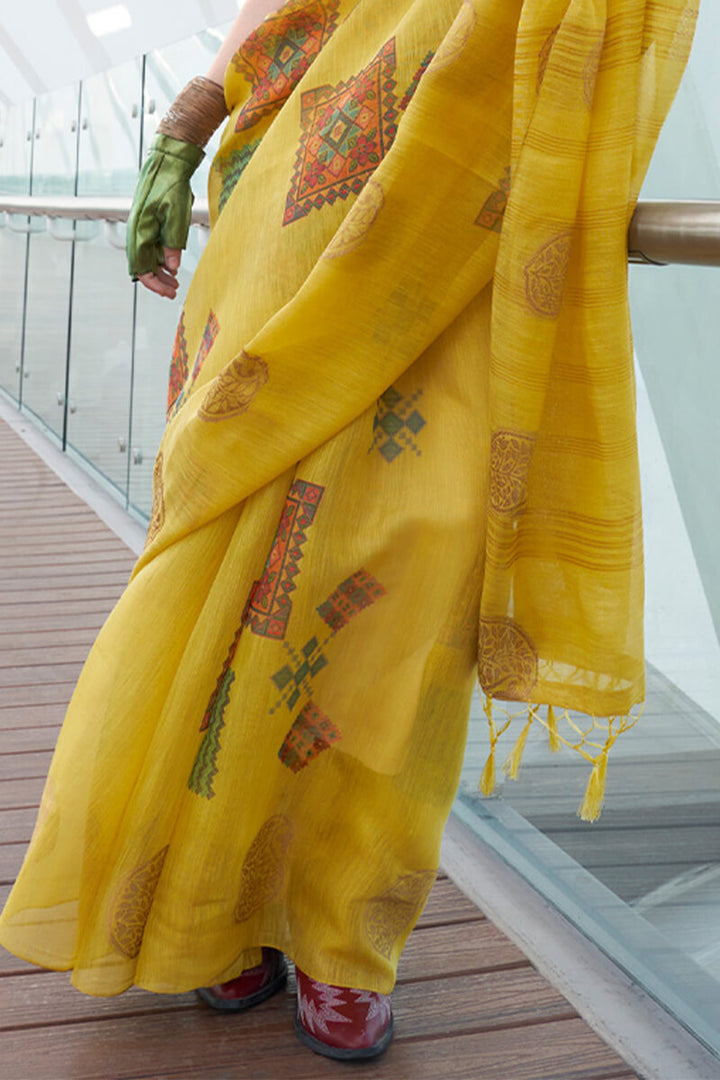 Turmeric Yellow Zari Woven Printed Tissue Silk Saree