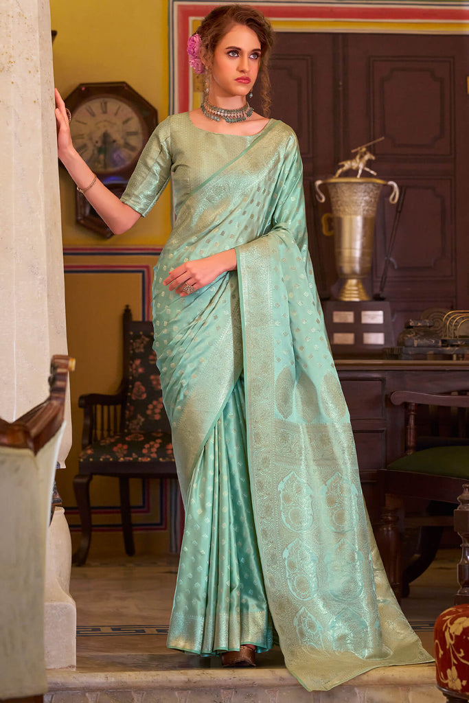 Turquoise Green Banarasi Satin Silk Saree
