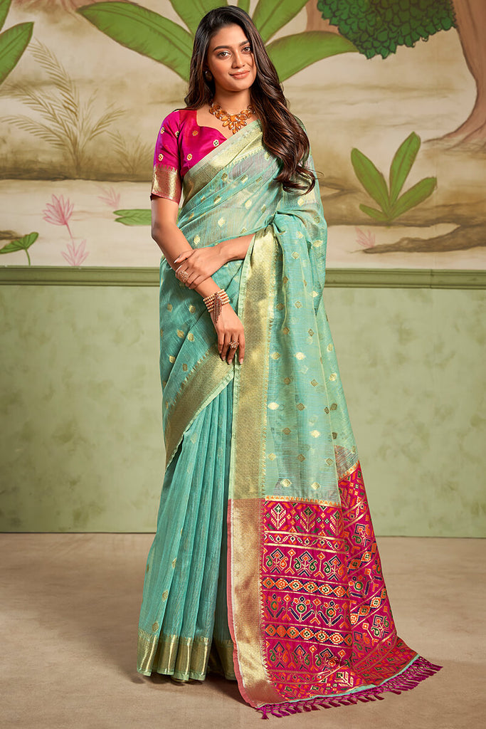 Turquoise Green Banarasi Tissue Silk Saree