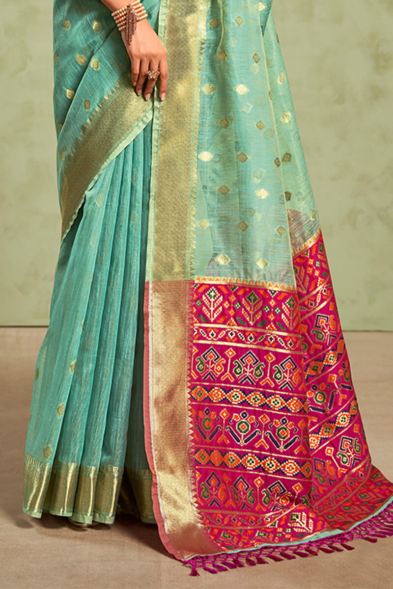 Turquoise Green Banarasi Tissue Silk Saree