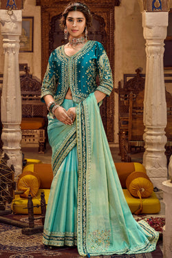 Turquoise Green Embroidery Work Viscose Saree with Jacket Blouse