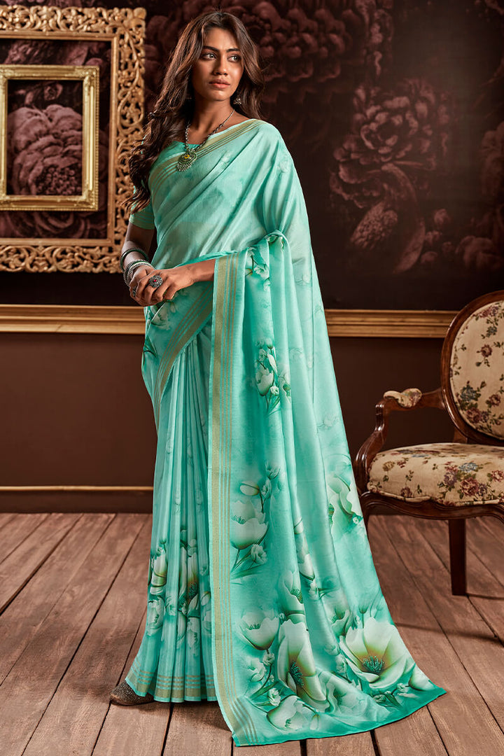 Turquoise Green Floral Printed Silk Saree
