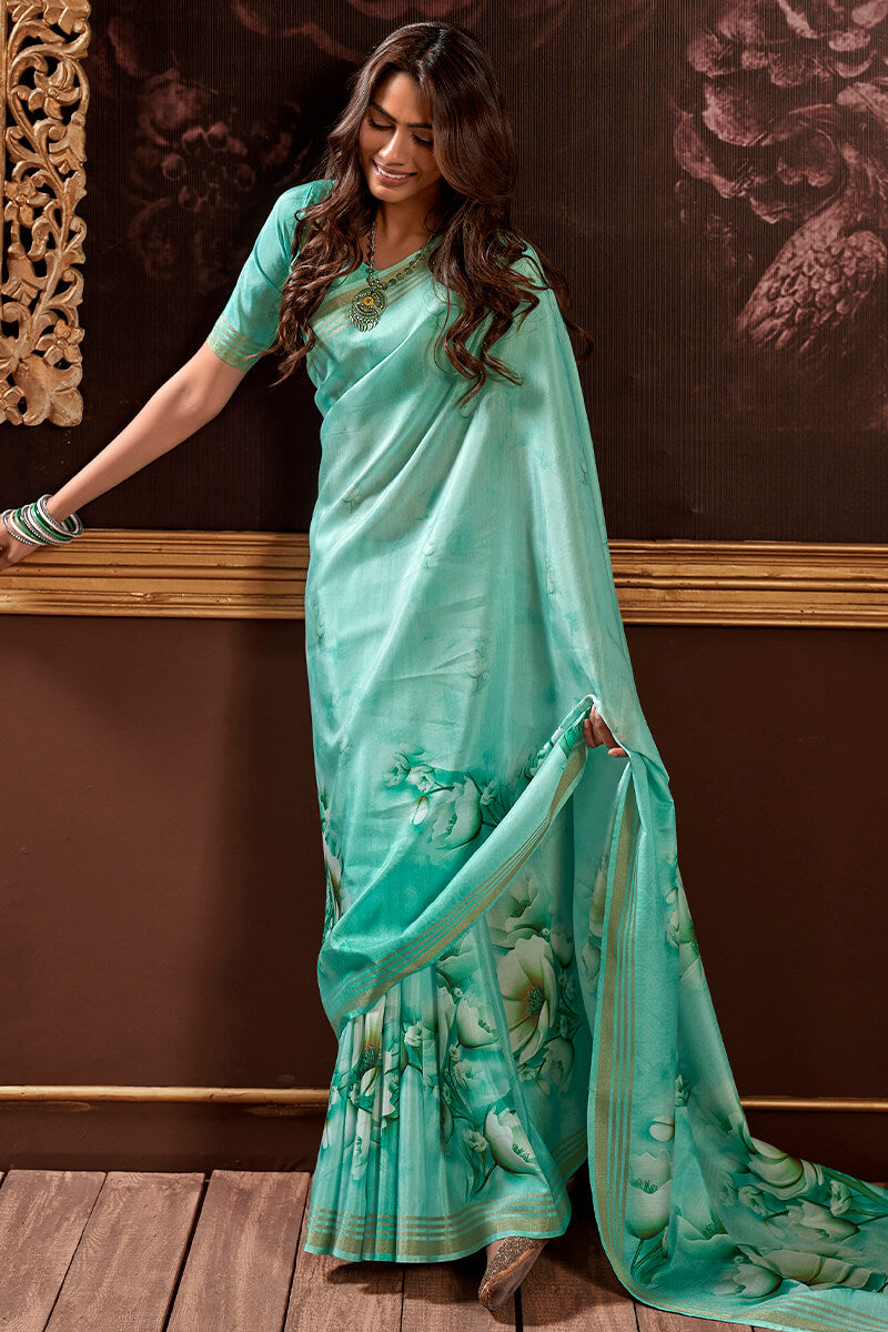 Turquoise Green Floral Printed Silk Saree