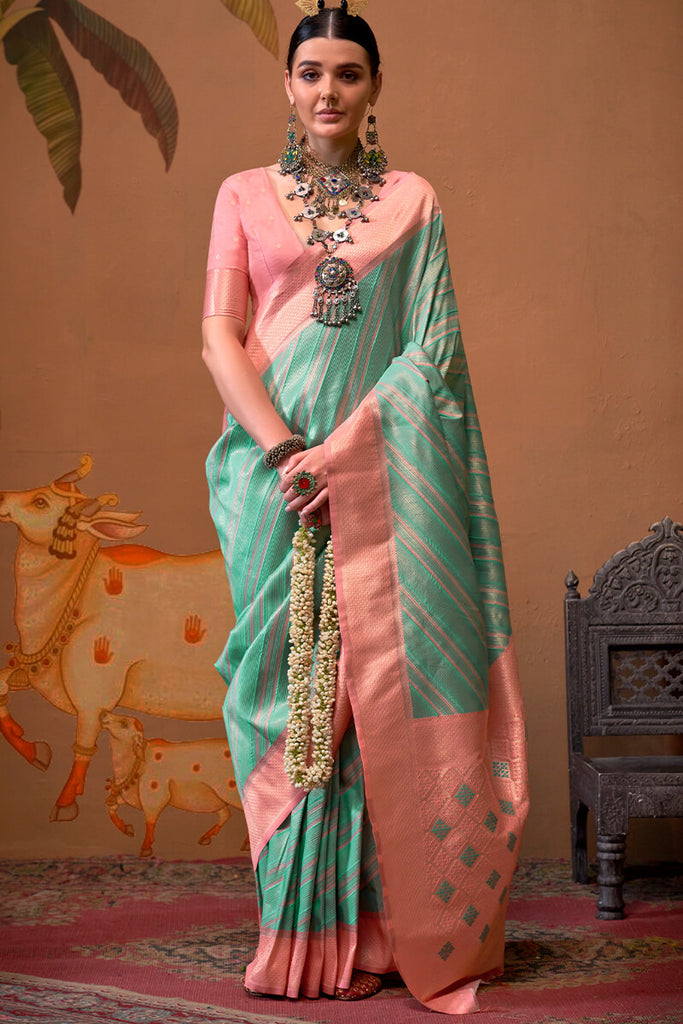 Turquoise Green Handloom Banarasi Silk Saree