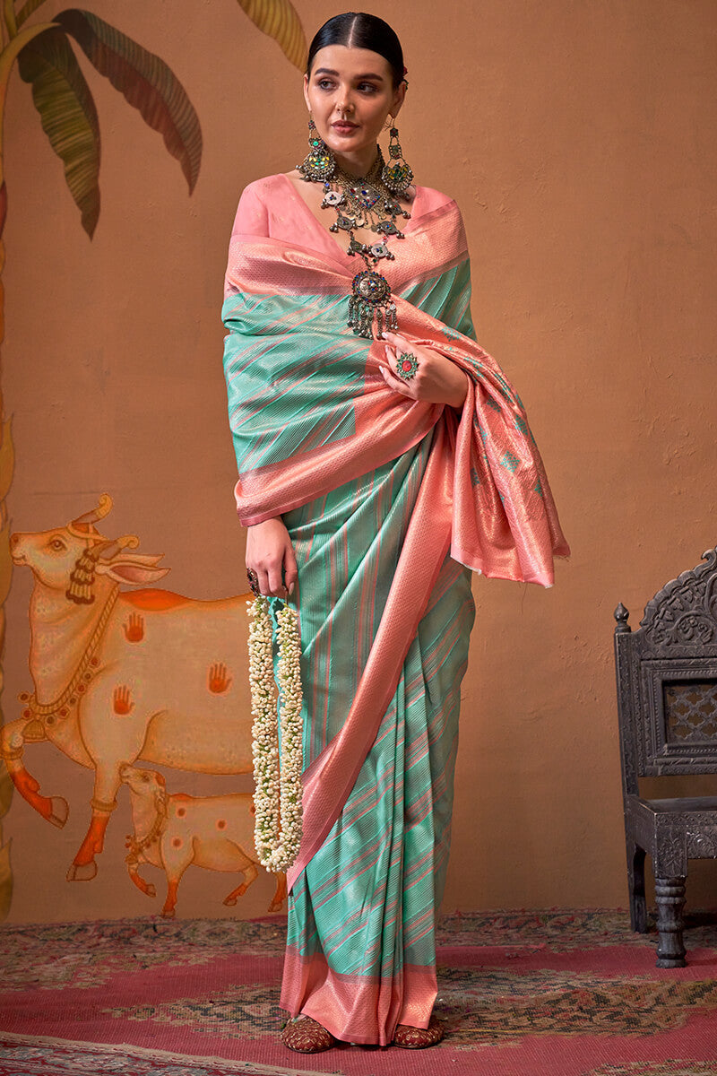 Turquoise Green Handloom Banarasi Silk Saree