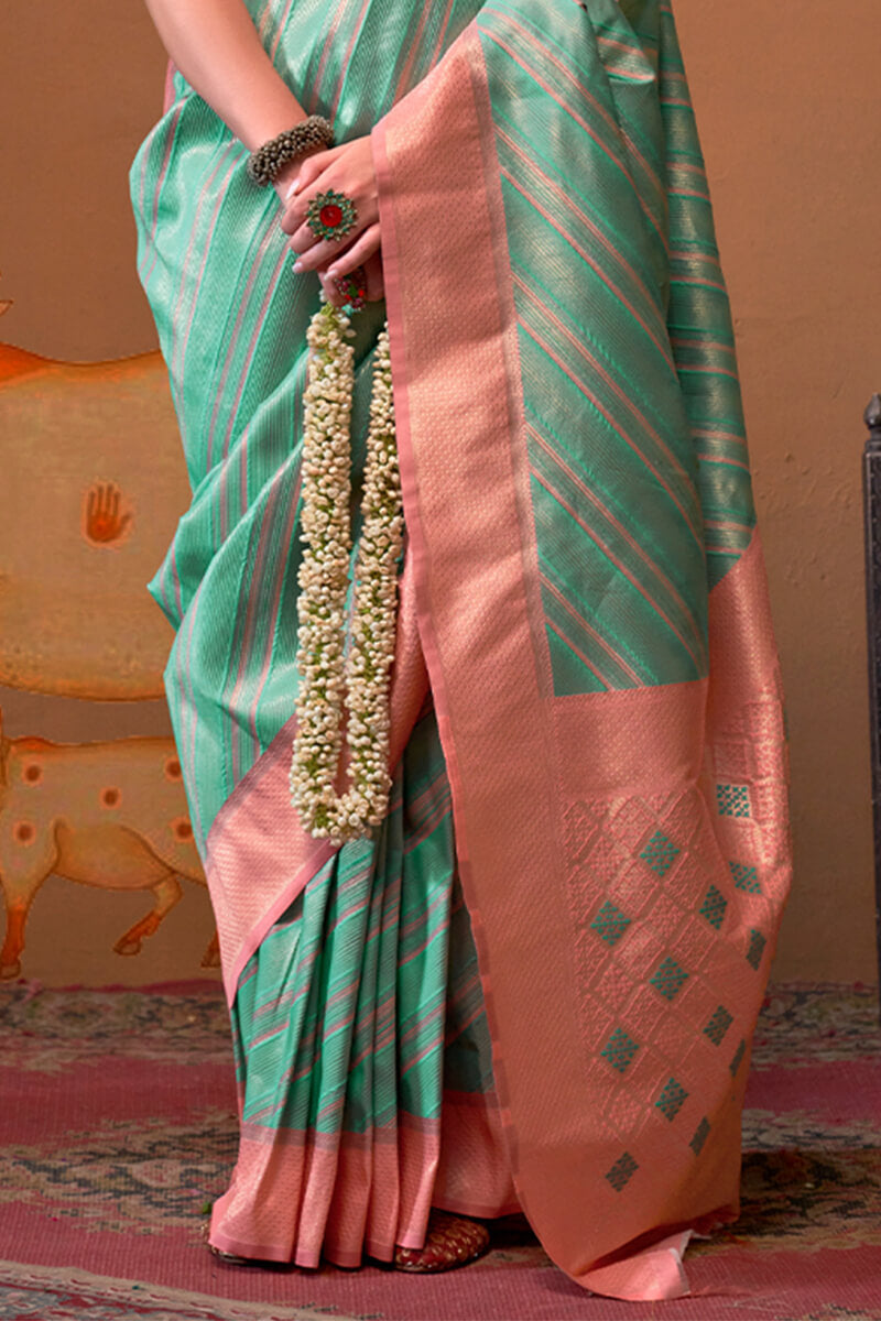 Turquoise Green Handloom Banarasi Silk Saree