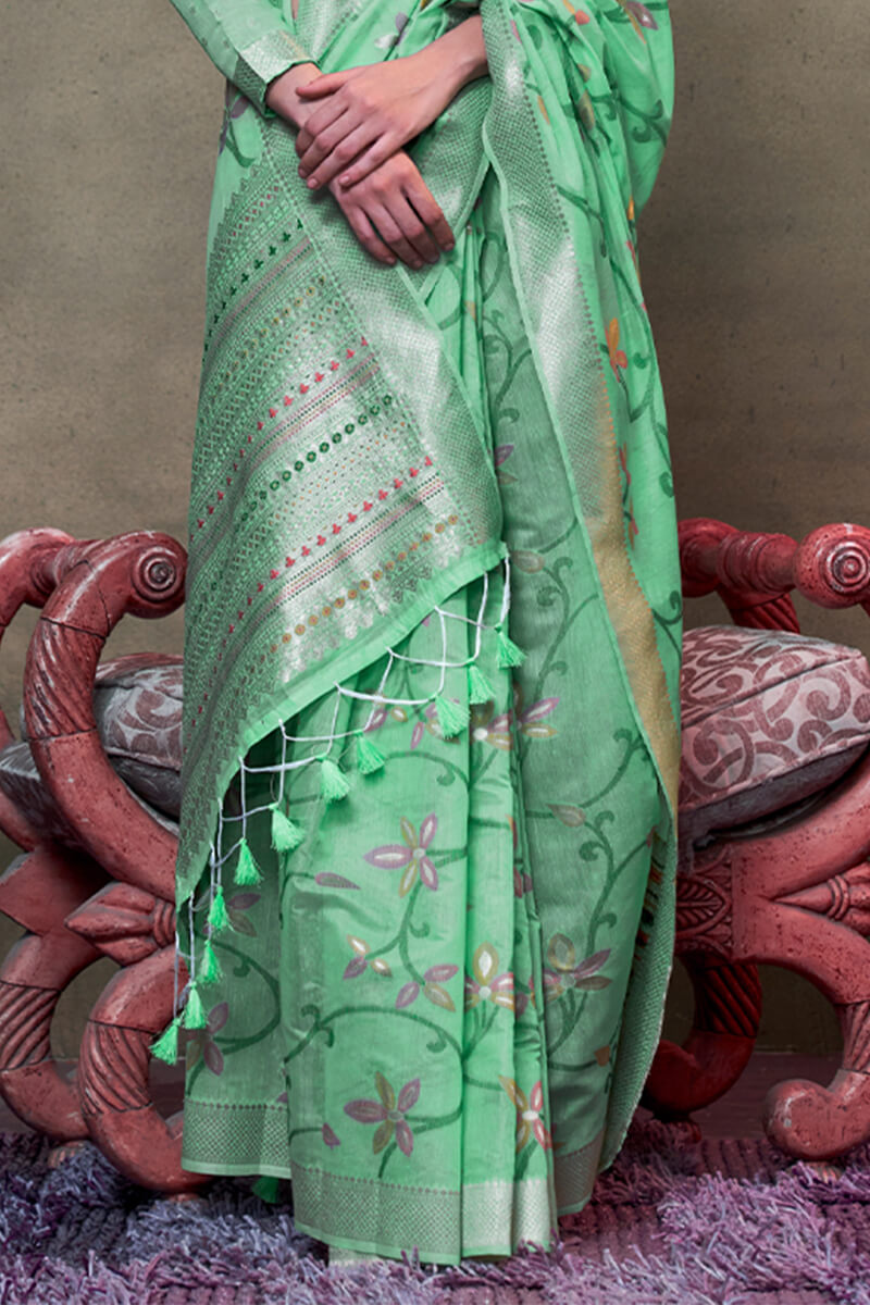 Turquoise Green Jamdani Handwoven Cotton Saree