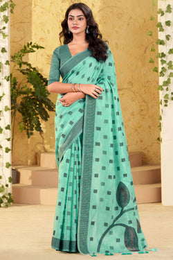 Turquoise Green Linen Silk Saree
