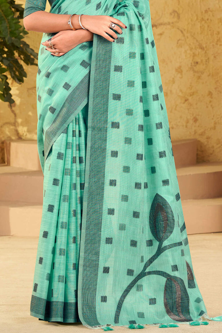 Turquoise Green Linen Silk Saree