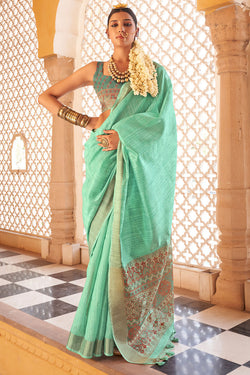 Turquoise Green Linen Tussar Silk Saree