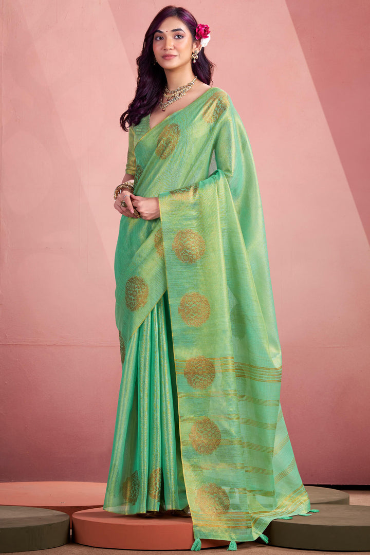 Turquoise Green Tissue Silk Saree