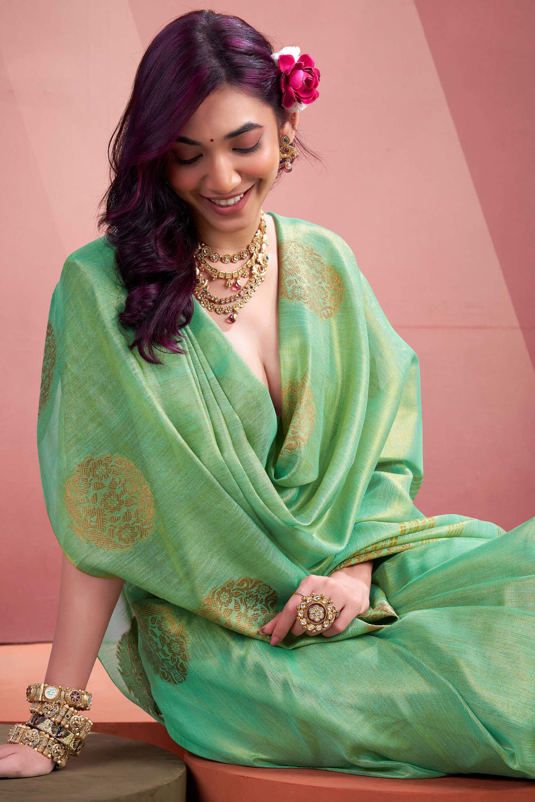 Turquoise Green Tissue Silk Saree
