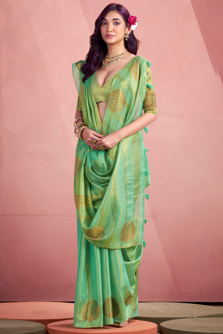 Turquoise Green Tissue Silk Saree