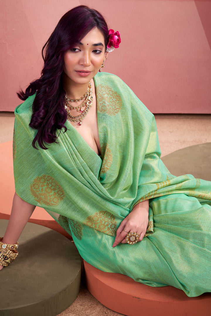 Turquoise Green Tissue Silk Saree