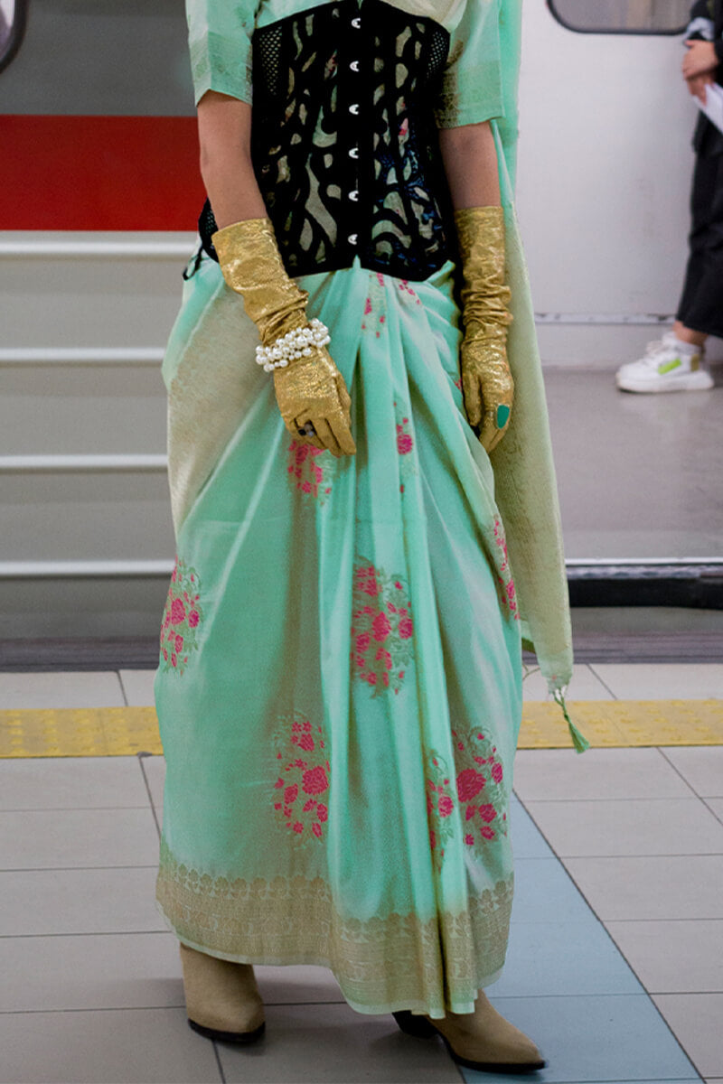 Turquoise Green Zari woven Banarasi Katan Silk Saree