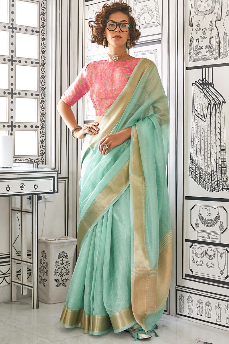 Turquoise Green Zari Woven Chiffon Saree