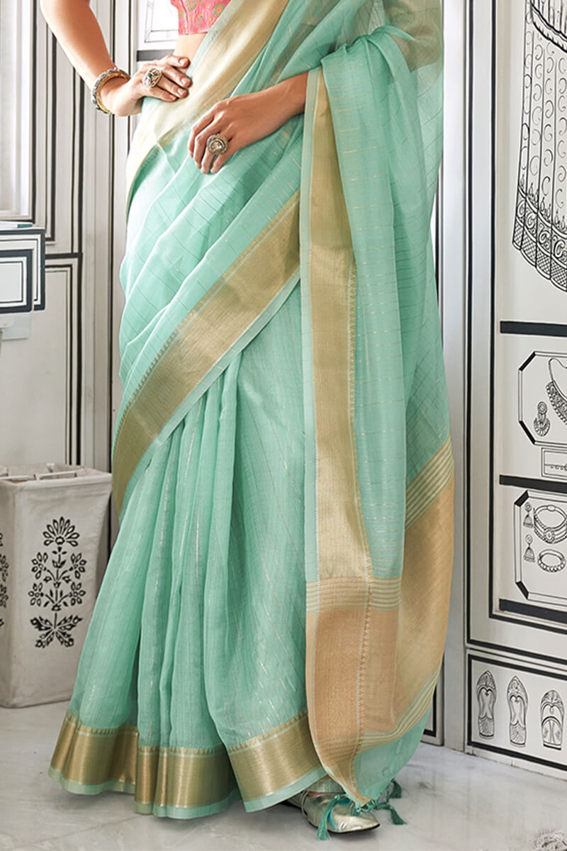 Turquoise Green Zari Woven Chiffon Saree