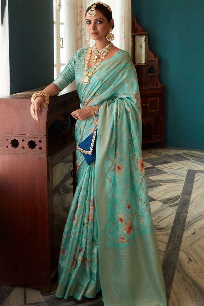 Turquoise Green Zari Woven Floral Printed Silk Saree