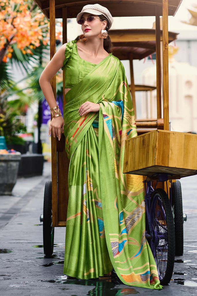 Turtle Green Printed Satin Crepe Silk Saree