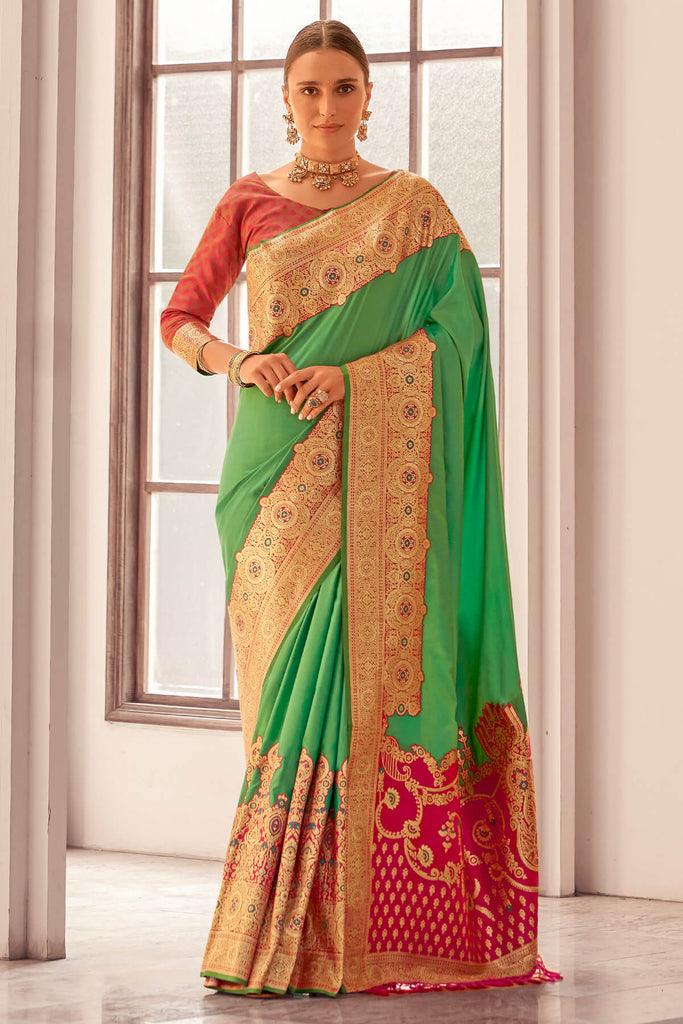 Turtle Green Zari Woven Soft Banarasi Silk Saree