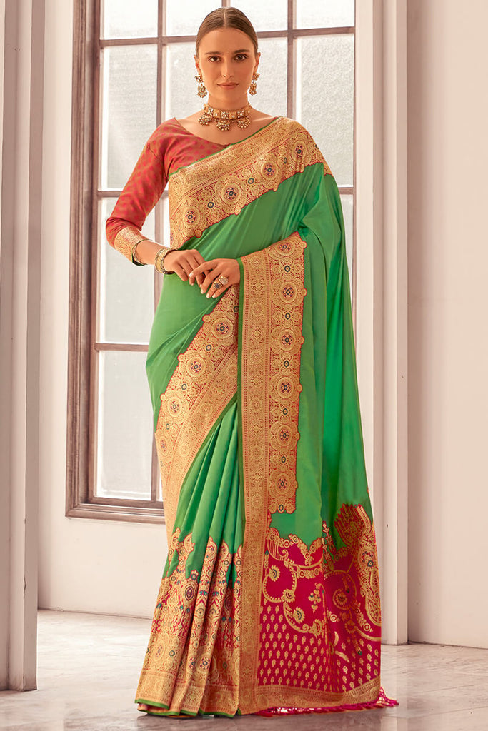 Turtle Green Zari Woven Soft Banarasi Silk Saree