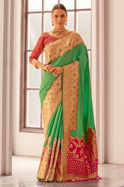 Turtle Green Zari Woven Soft Banarasi Silk Saree