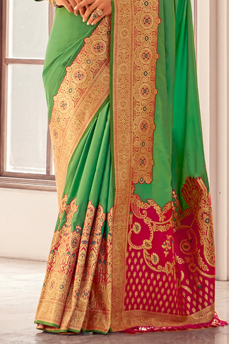 Turtle Green Zari Woven Soft Banarasi Silk Saree