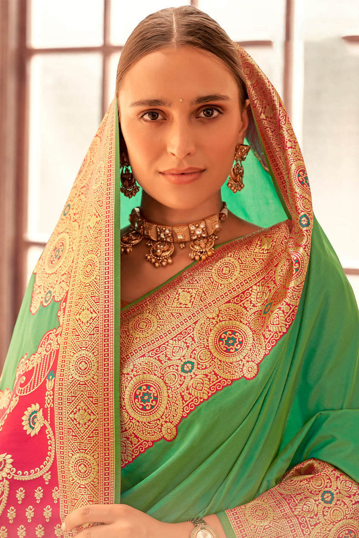 Turtle Green Zari Woven Soft Banarasi Silk Saree