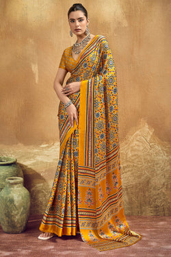 Tuscan Yellow Ajrakh Printed Satin Silk Saree