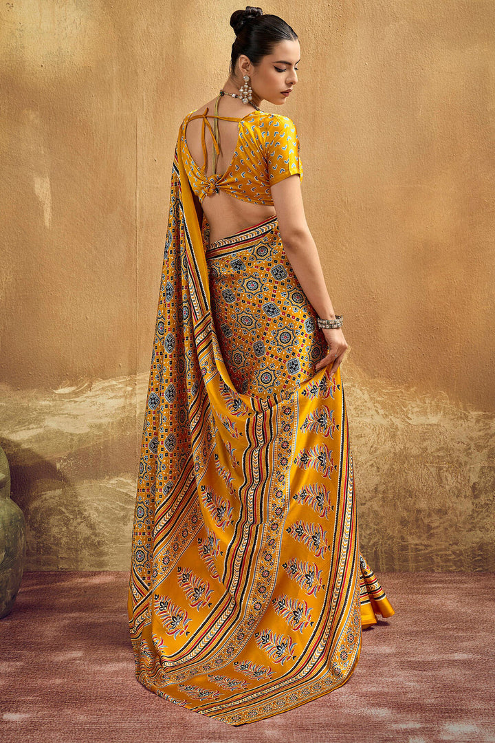Tuscan Yellow Ajrakh Printed Satin Silk Saree