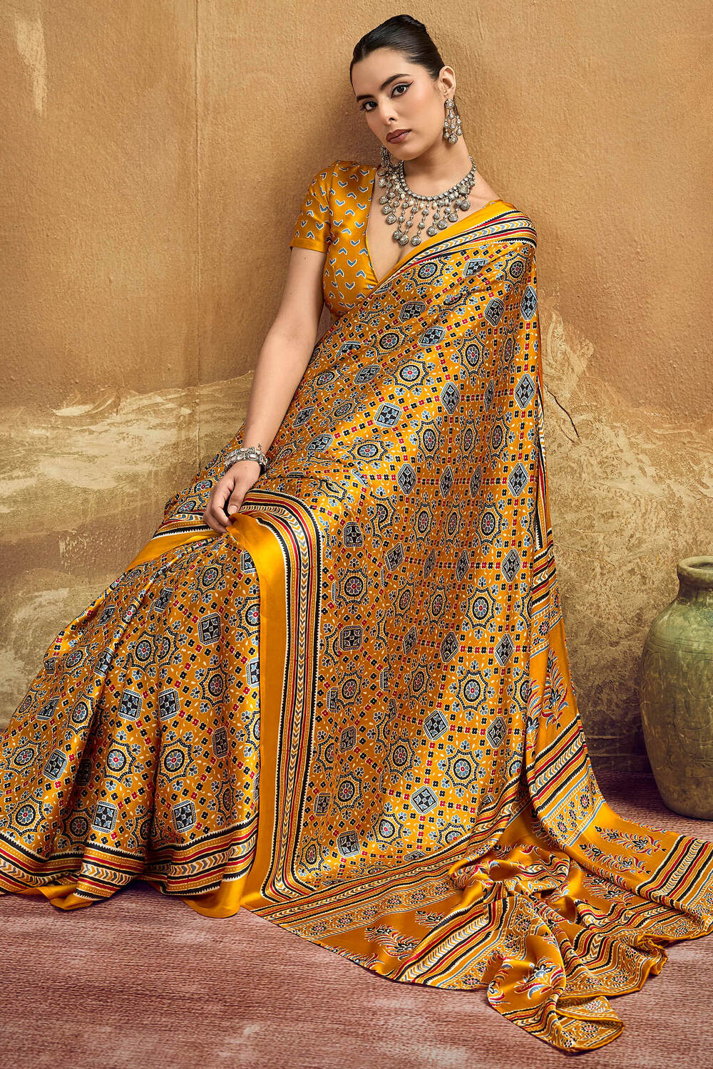 Tuscan Yellow Ajrakh Printed Satin Silk Saree