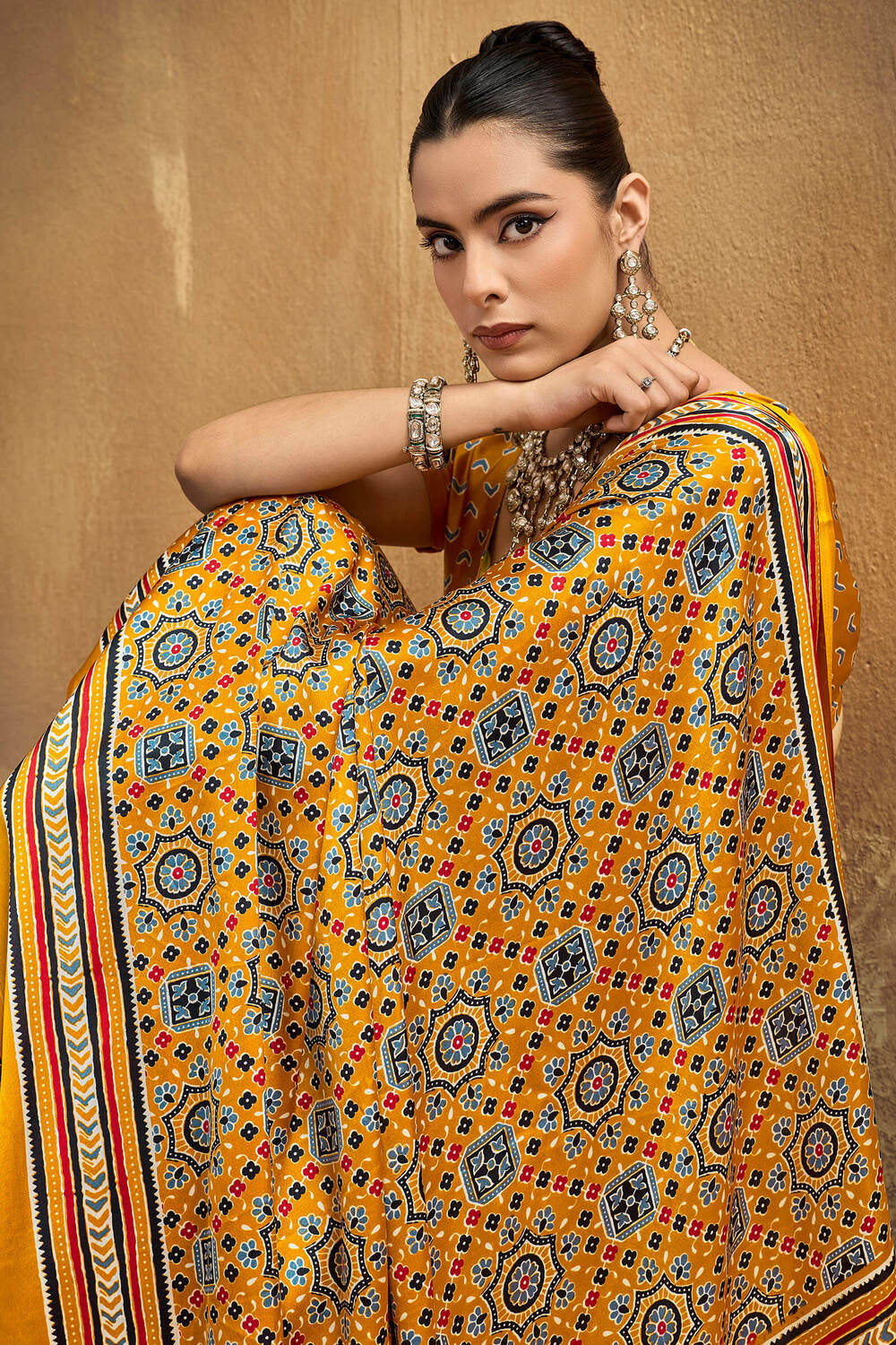 Tuscan Yellow Ajrakh Printed Satin Silk Saree