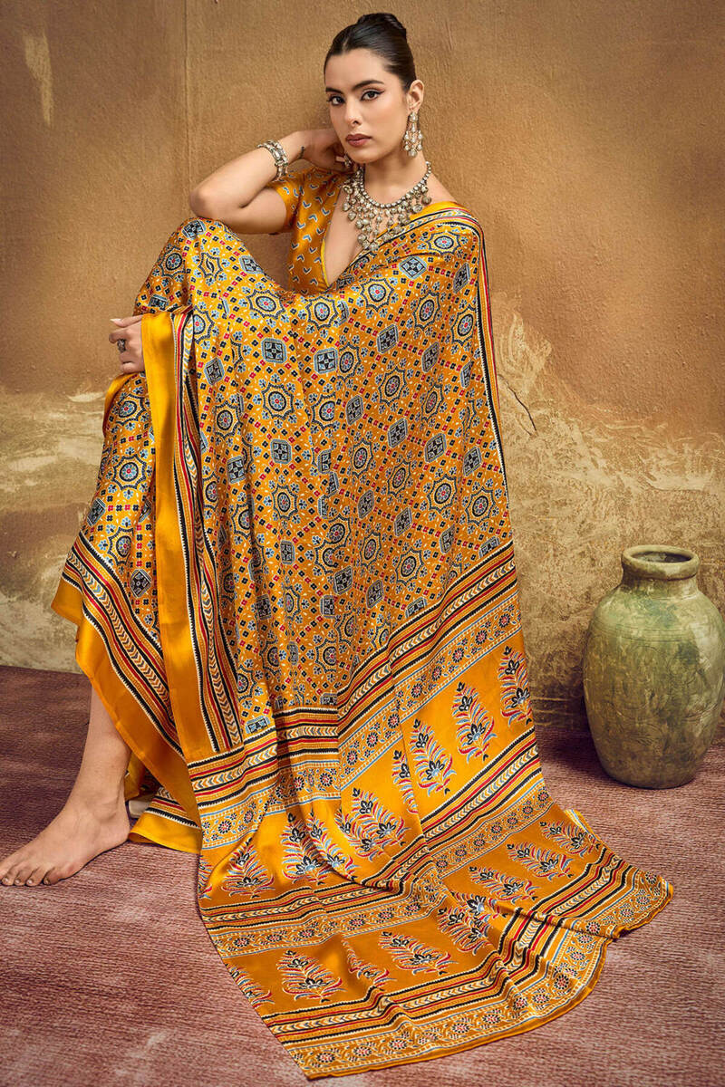 Tuscan Yellow Ajrakh Printed Satin Silk Saree