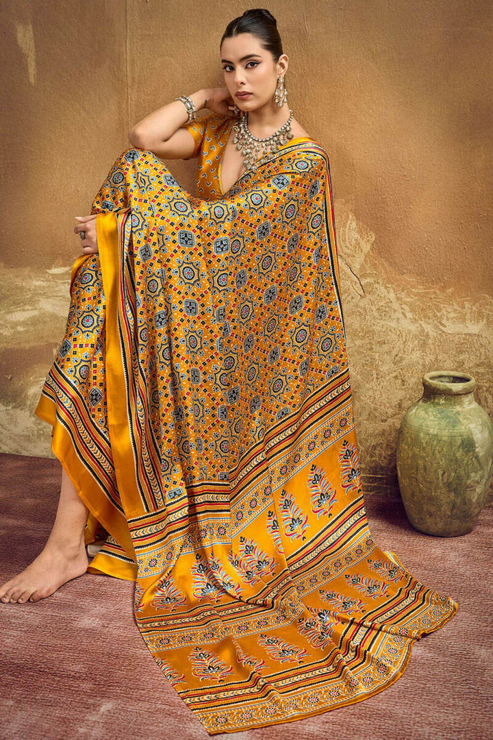 Tuscan Yellow Ajrakh Printed Satin Silk Saree