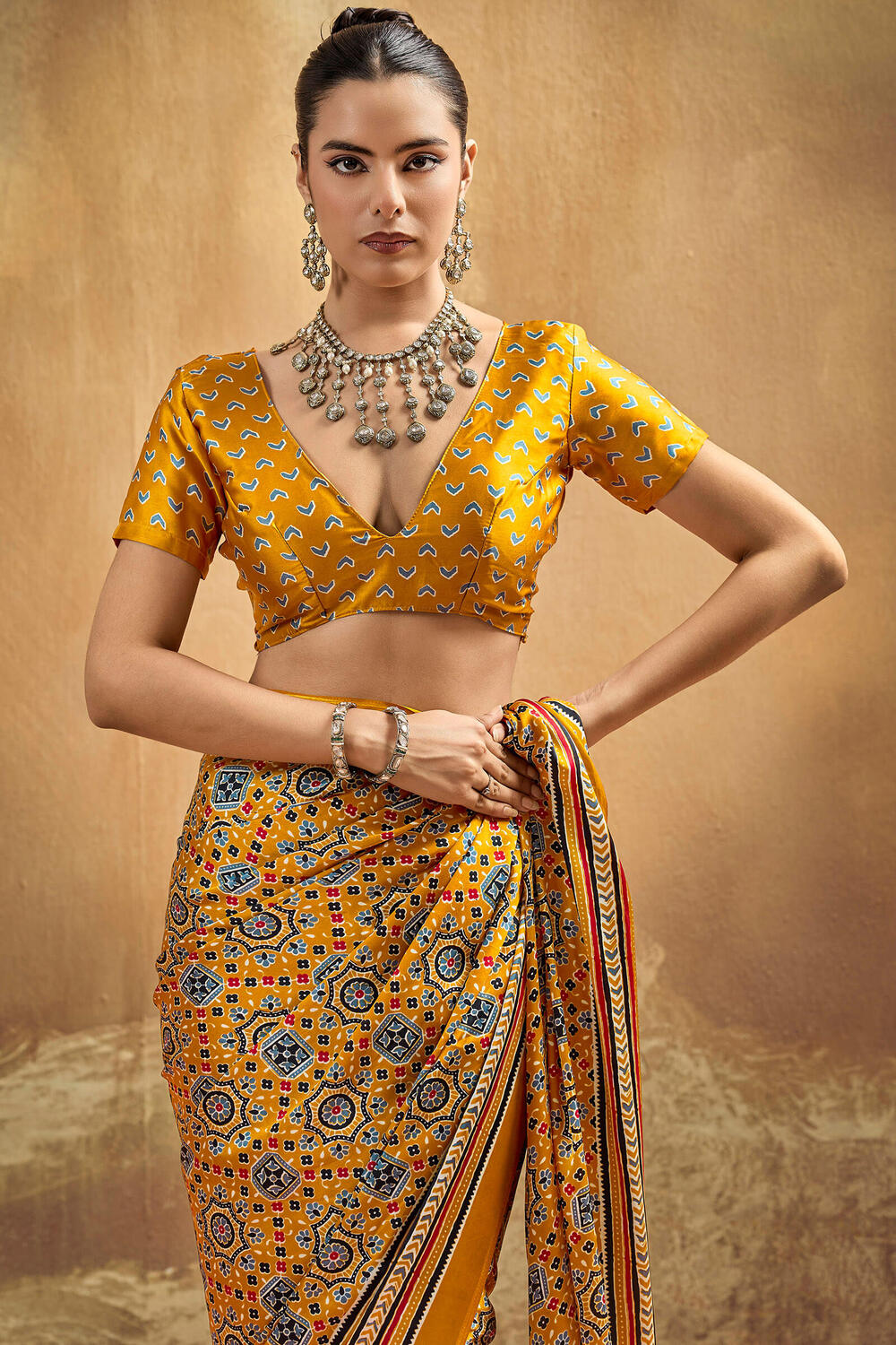 Tuscan Yellow Ajrakh Printed Satin Silk Saree
