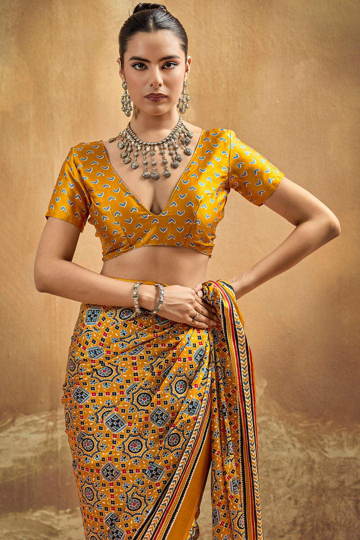 Tuscan Yellow Ajrakh Printed Satin Silk Saree