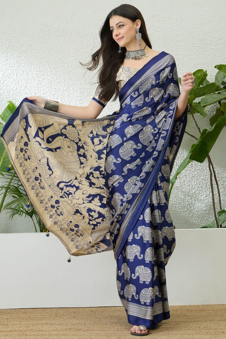 Twilight Blue Ajrakh Printed Satin Silk Saree