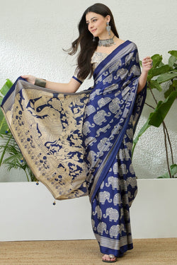 Twilight Blue Ajrakh Printed Satin Silk Saree