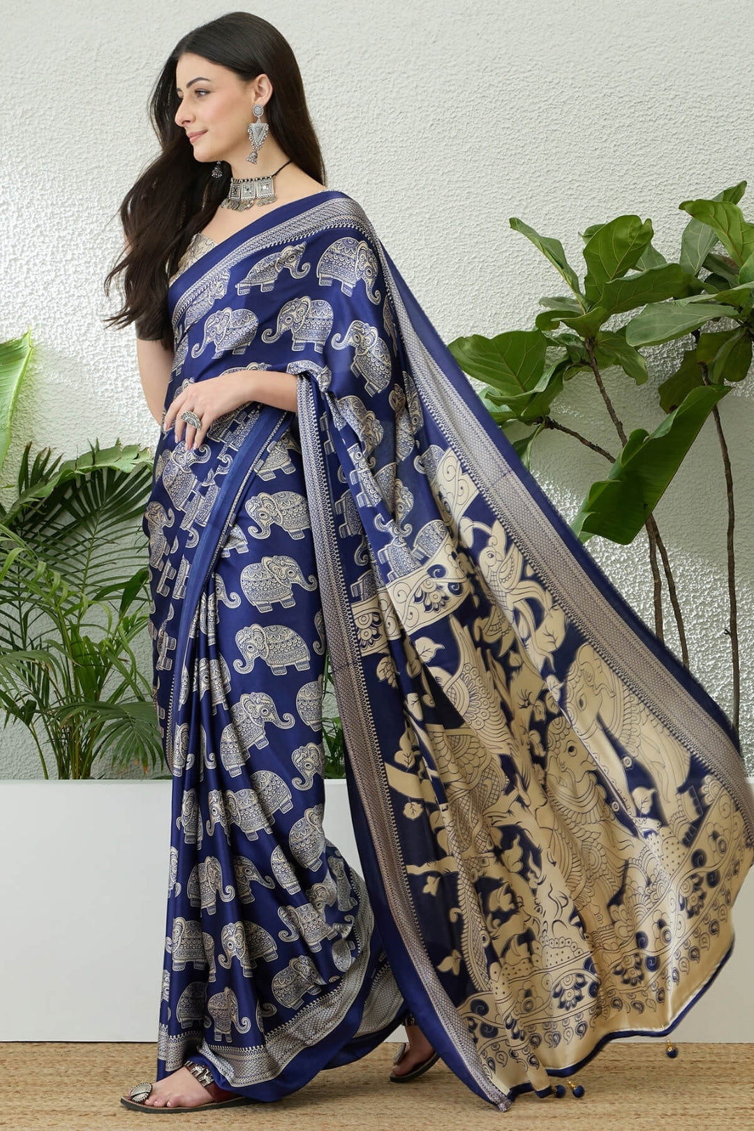Twilight Blue Ajrakh Printed Satin Silk Saree