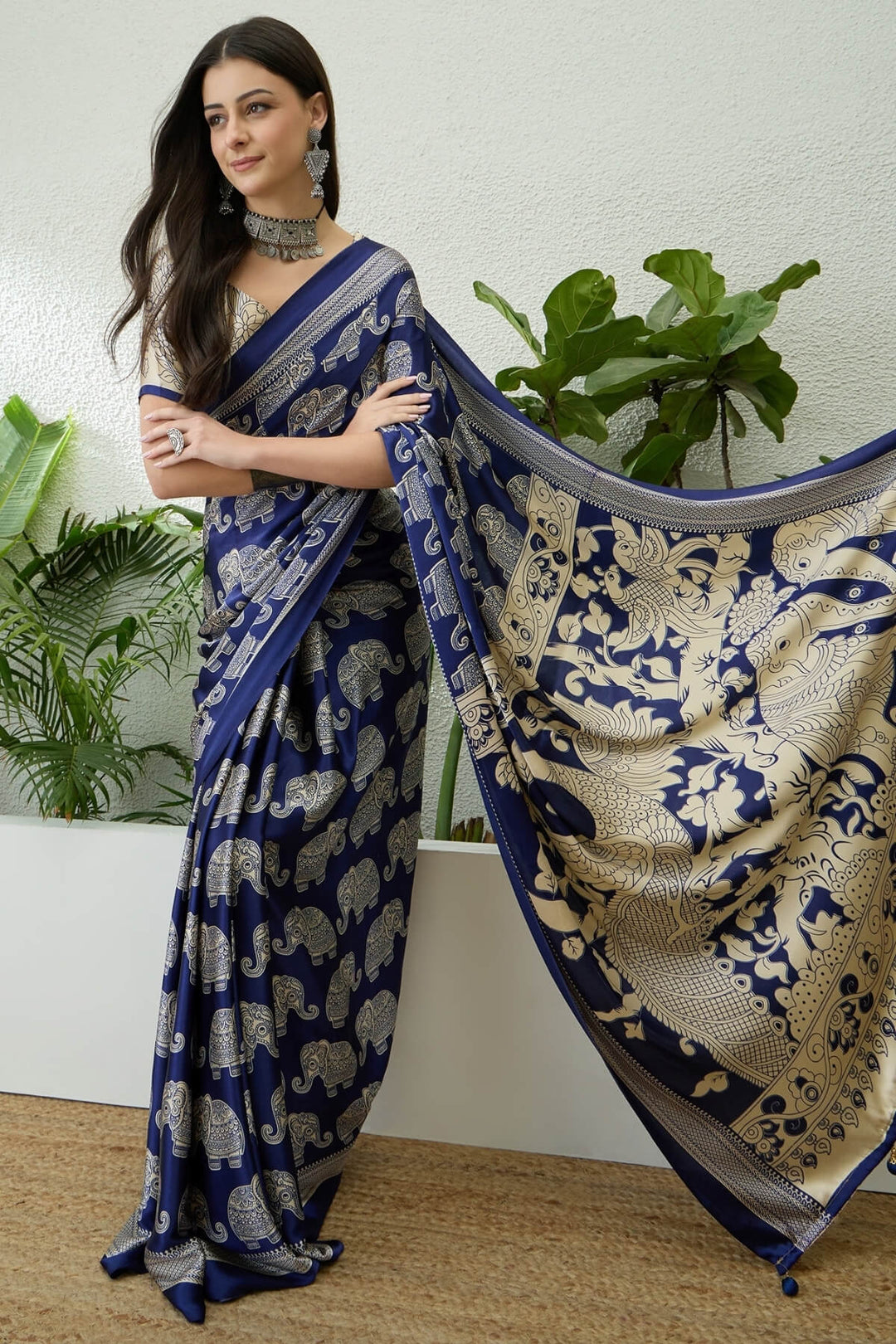 Twilight Blue Ajrakh Printed Satin Silk Saree