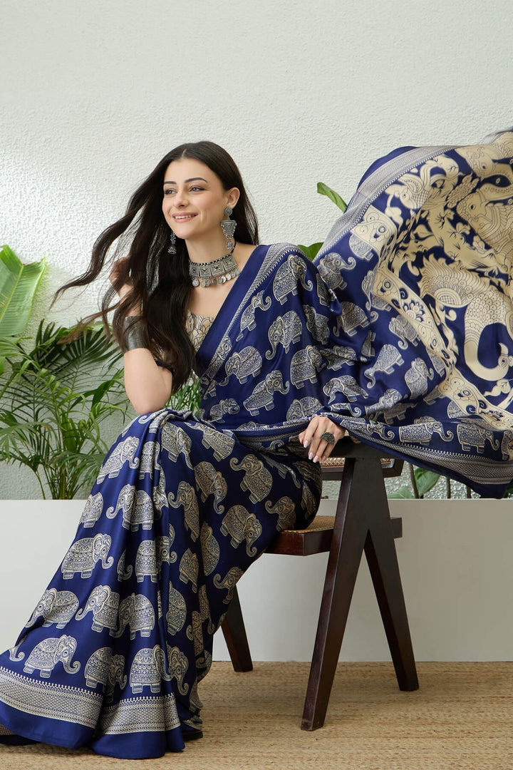 Twilight Blue Ajrakh Printed Satin Silk Saree