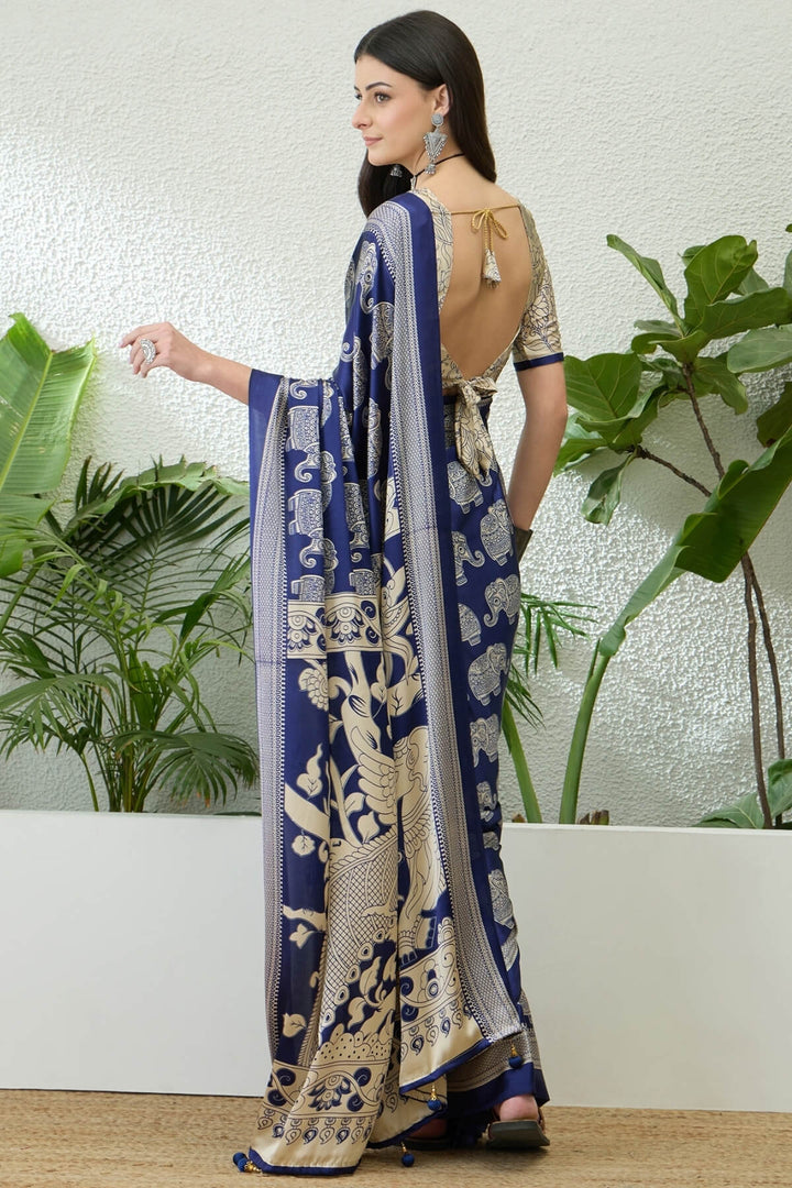 Twilight Blue Ajrakh Printed Satin Silk Saree