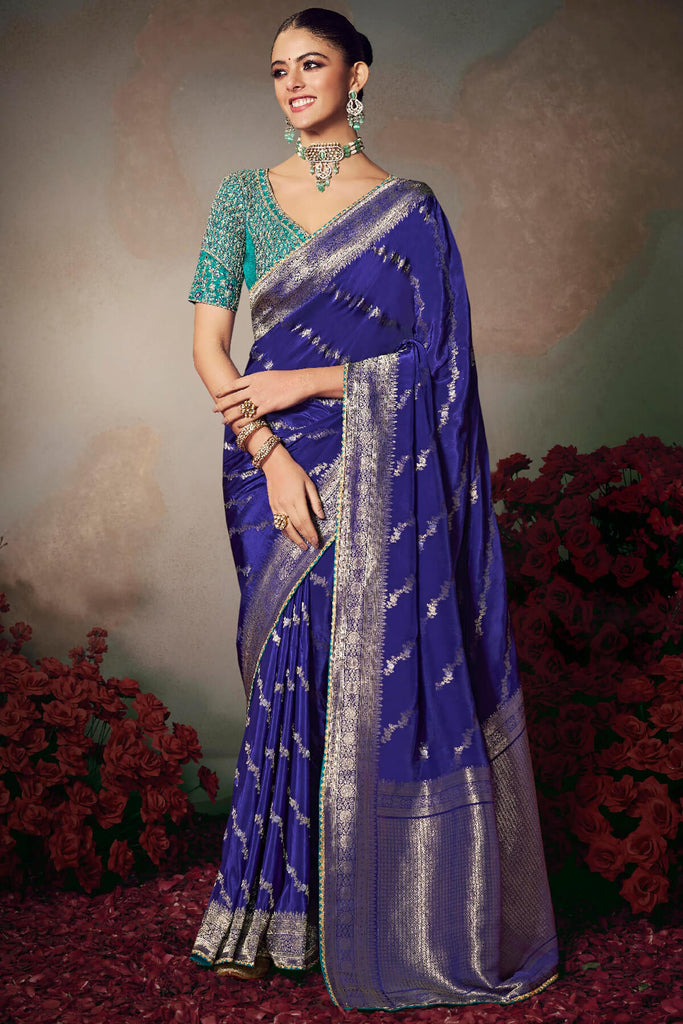 Twilight Blue Banarasi Silk Saree with Designer Blouse Piece