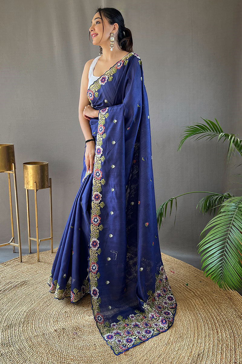 Twilight Blue Embroidered Work Tussar Silk Saree