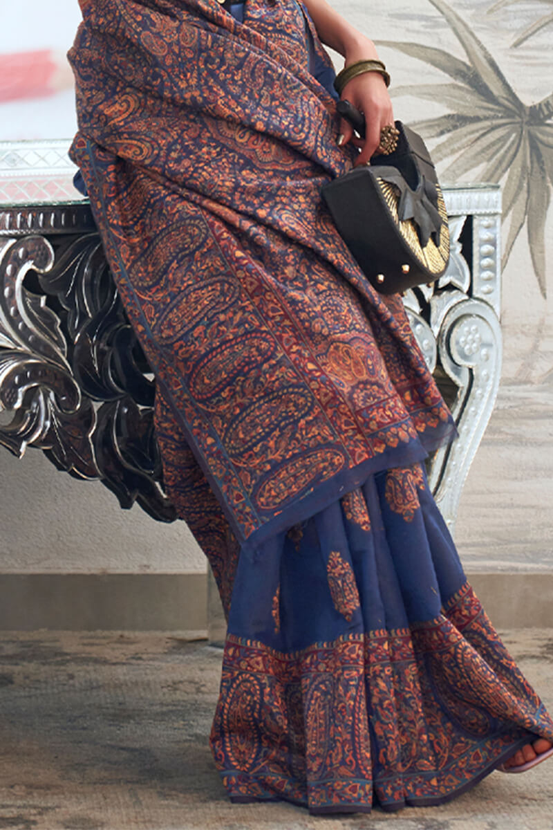 Twilight Blue Kashmiri Modal Pashmina Silk Saree