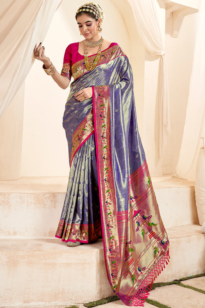 Twilight Blue Paithani Tissue Silk Saree