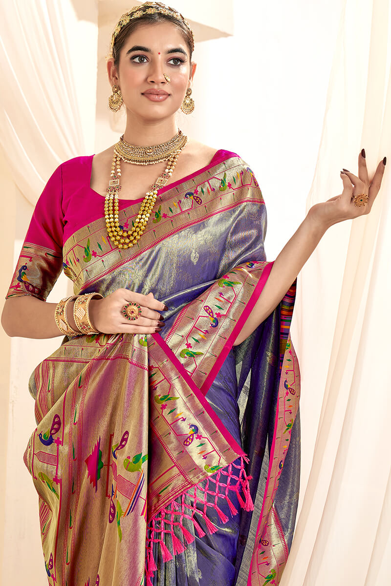 Twilight Blue Paithani Tissue Silk Saree